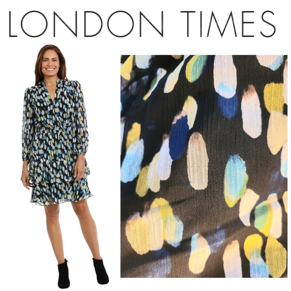 LONDON TIMES Yuryu Long Sleeve Fit & Flare Dress Black/Blue Elastic Waist Sz 16W